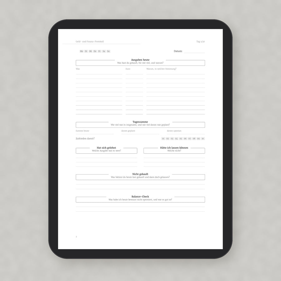 Geld- und Finanz-Protokoll auf dem Tablet