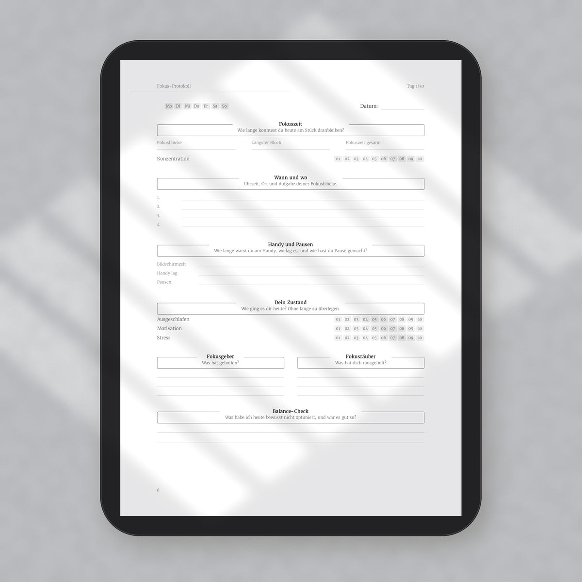 Fokus-Protokoll – Workbook (digital für Tablet & zum Ausdrucken)