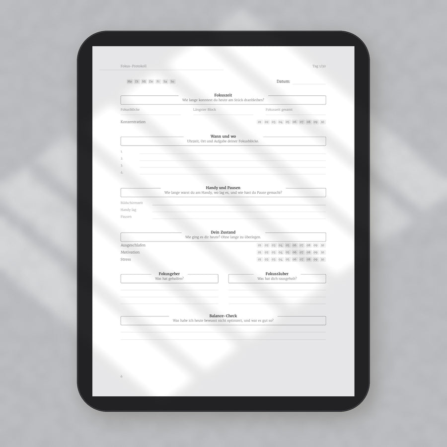 Fokus-Protokoll auf dem Tablet