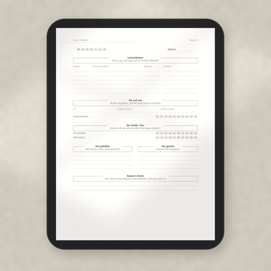 Lern-Protokoll auf dem Tablet