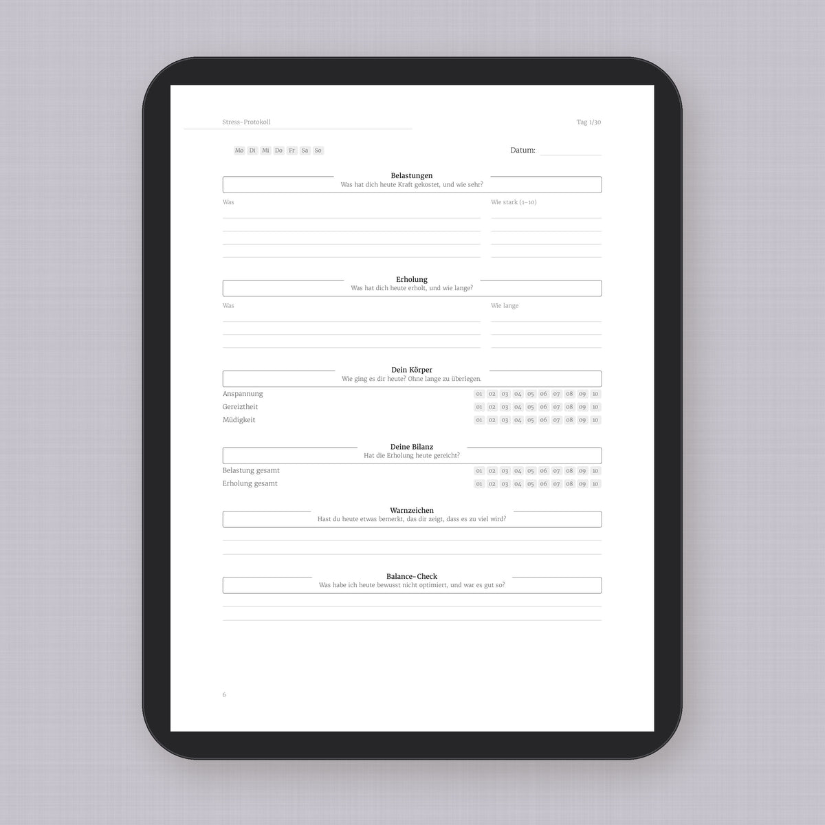 Stress-Protokoll – Workbook (digital für Tablet & zum Ausdrucken)